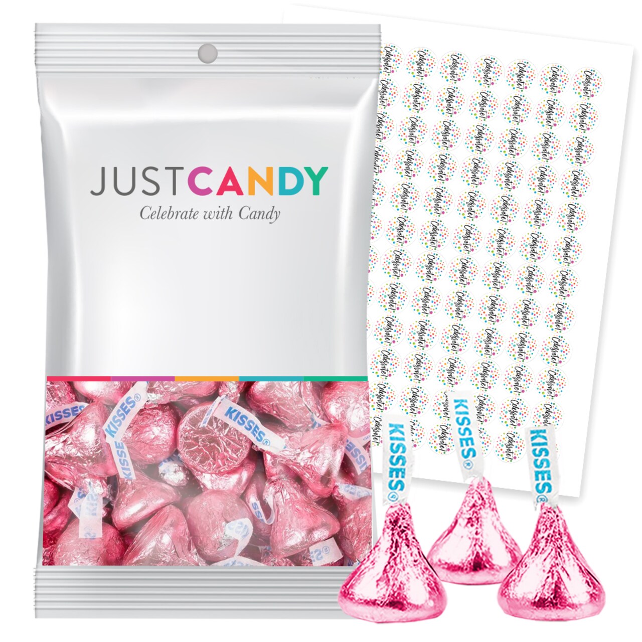 Pink Foiled Milk Chocolate Kisses Candy With Celebrate Stickers by Just Candy